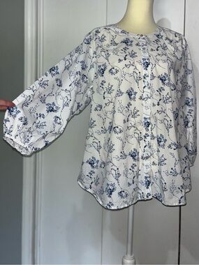 Lucky Brand Floral Button Front Peasant Top Tunic Blouse Cotton